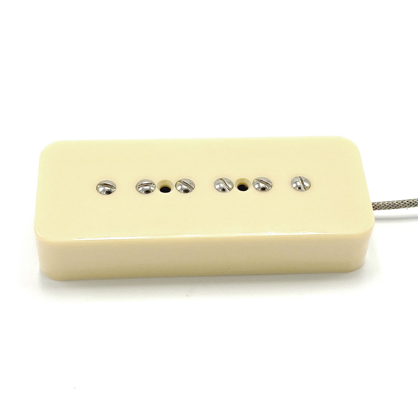 One P90 style pickup with fillister screw poles and ivory color cover.