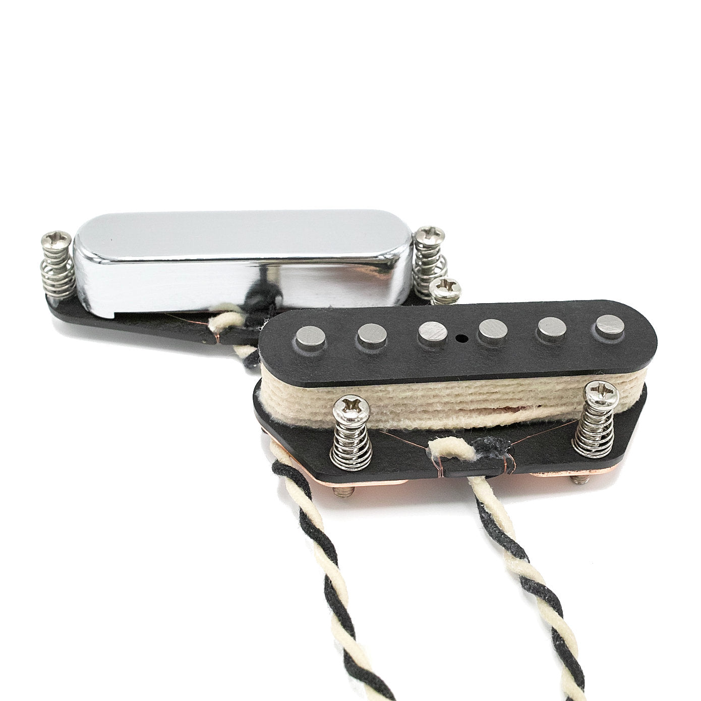 Neck and bridge pickup for Tele with black bobbins, chrome cover, and white string wrap.