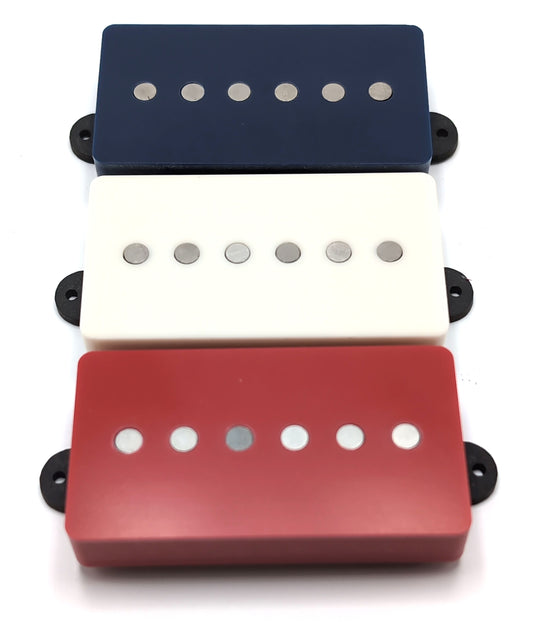 3 humbucker-sized single coils with red, white, and blue covers.