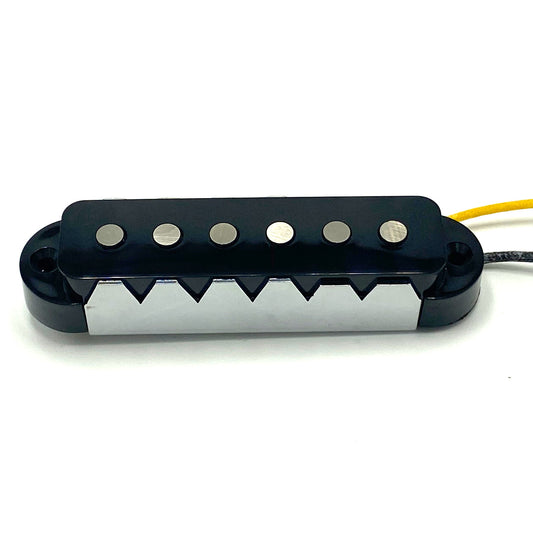 A single electric guitar pickup for a Jaguar style guitar with steel claw baseplate and black cover