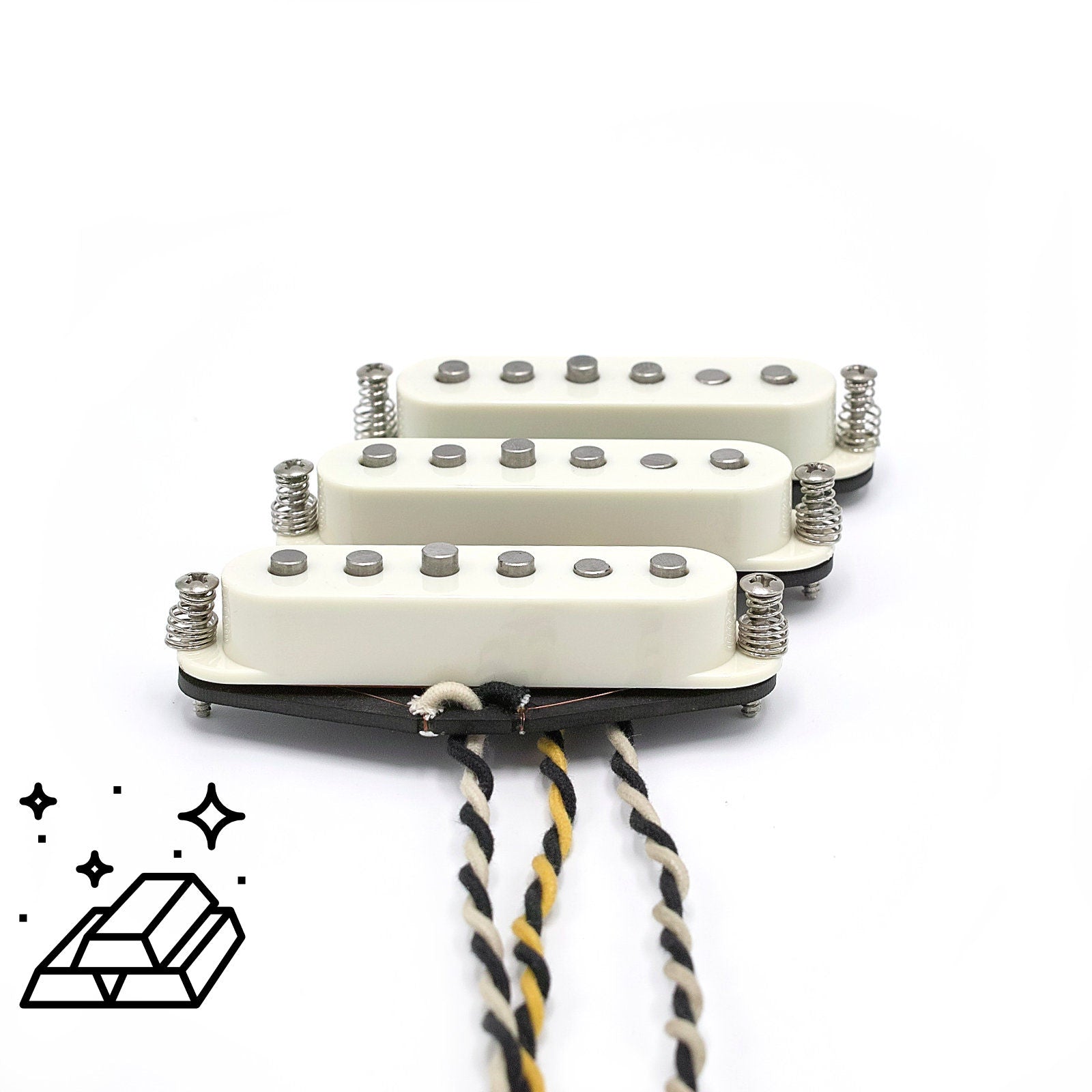 Three pickups for Stratocaster electric guitars with vintage staggered poles and parchment covers